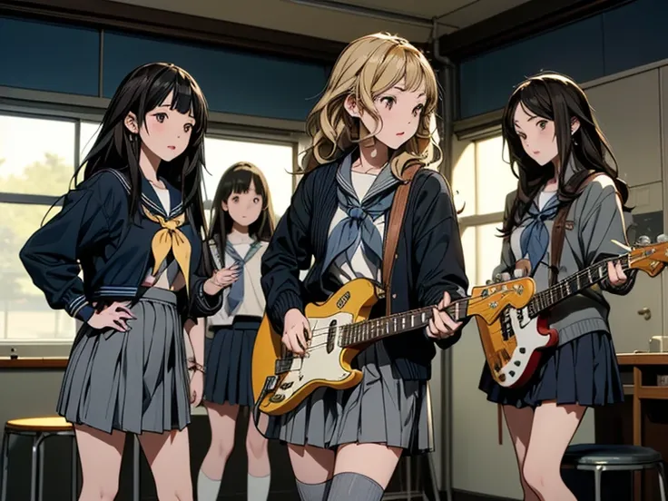 ((masterpiece:1.3)), (best quality), ((extremely detailed:1.1)), 5 girls, there are five girls in school uniforms playing music ...