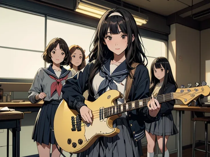 ((masterpiece:1.3)), (best quality), ((extremely detailed:1.1)), 5 girls, there are five girls in school uniforms playing music ...