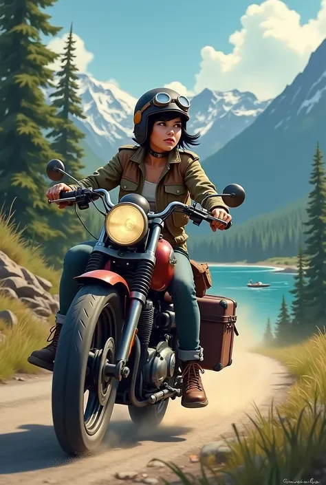 Young woman with short black hair, Beautiful and attractive face, Vintage half helmet and goggles、Wearing a military jacket, Damaged shoes and gloves, A sturdy bike with block tires is speeding down a winding forest road.., The rear wheel kicks up dust. Th...