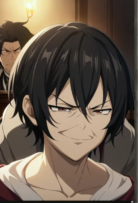 1 boy, black hair, short hair, brown eyes, evil, arrogant, haughty, smug, lazy, CG, screenshot