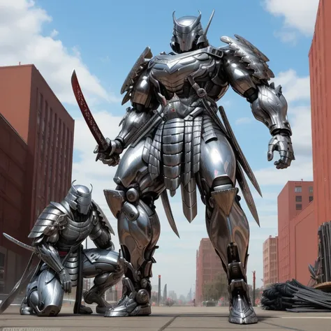 silver samurai.
- masterpiece. best quality. full body. 1boy.
- armor suit. (full armor. cyborg. science fiction. combat helmet) 
- dominating silver samurai. silver samurai is over 1000 meters long. focus GIANT mechanical Muscular silver samurai is trampl...