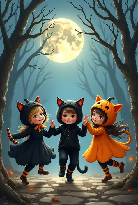 Children dressed in cute black cat and pumpkin costumes dancing under the moonlight on Halloween.

