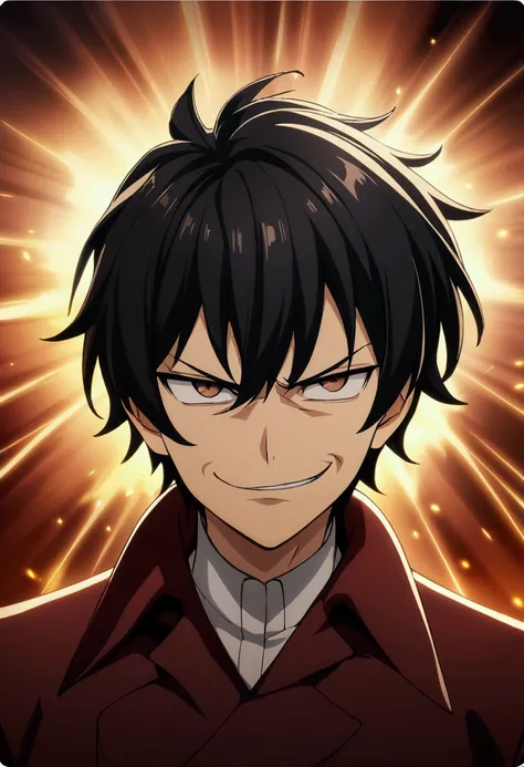 1 boy, black hair, short hair, brown eyes, evil smile, arrogant, haughty, smug, CG, screenshot