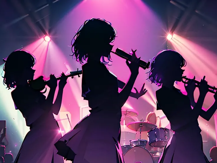 ((masterpiece:1.3)), (best quality), ((extremely detailed:1.1)), 5 girls, there are five girls in school uniforms playing music together, Girl band illustration, Music Band On pink Background Vector Illustration, Silhouette of a five-person music band and ...