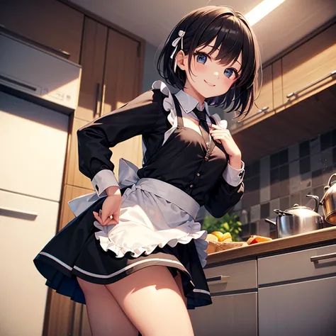 (masterpiece),(Best Quality),(Ultra high definition),(High resolution),(4K),One girl、Short black hair、smile、(Small breasts)、(White ribbon)、(apron)、(Long sleeve school shirt)、(Normal necktie)、(Checkered black mini skirt)、Luxury Kitchen