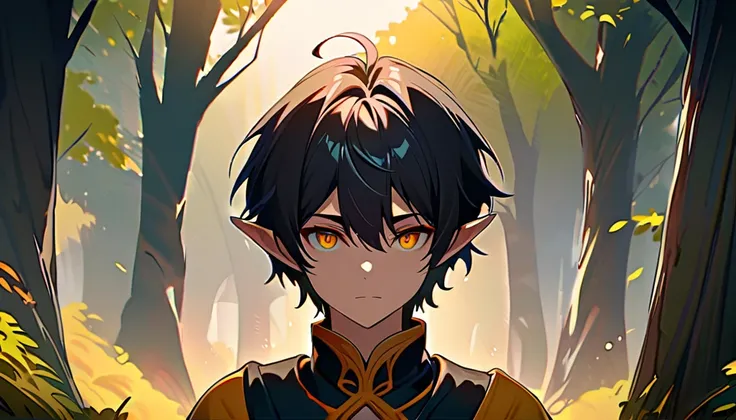 Elf, boy, golden eyes, black hair, black and gold elven clothes, in the woods, large, green and orange trees, nature, tranquility, quiet character, alone, only the Detailed face, striking eyes, upward approach, good anatomy, cute, serious, calm