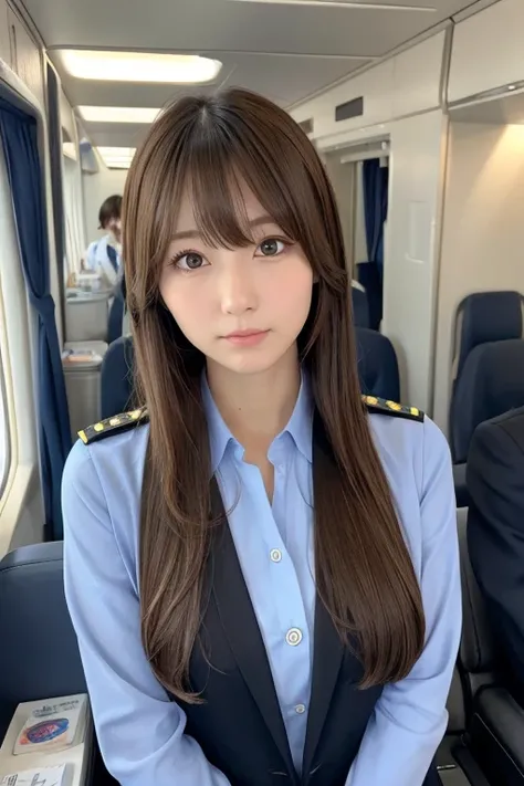 High resolution, Long Hair, bangs, Brown Hair、 2 woman、chest, Model from Tokyo、Height: 168cm、　Beautiful Face、
Droopy eyes,    Cabin attendant in uniform、Full body