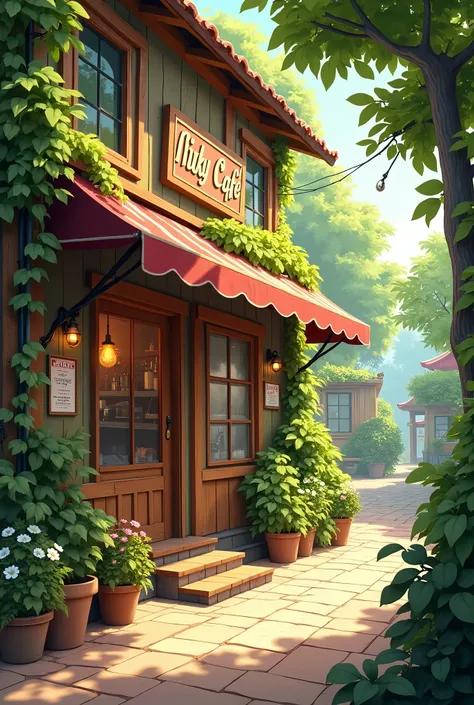 coffee shop surrounded by green with the sign say "Nicky Cafe", light sunny outside, detailed texture