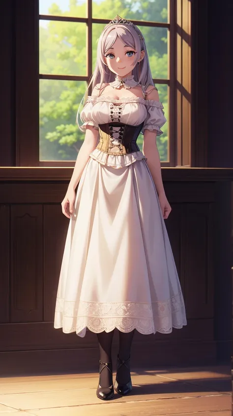 1girl, natural lighting, masterpiece, highly detailed, illustration, game CG, high quality, beautiful detailed eyes, natural lighting, medium breasts, zoo, smile, corset long dress,tiara,high heels,white lace stockings, standing