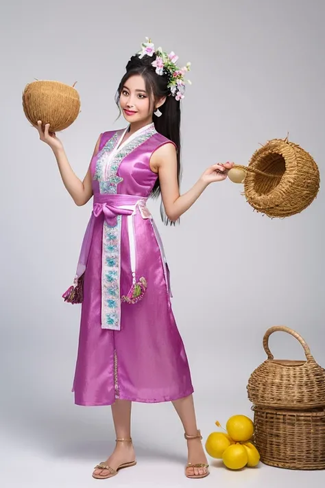 model, full body in thai ancient costume, hold fresh coconut with orchid fowler , white background