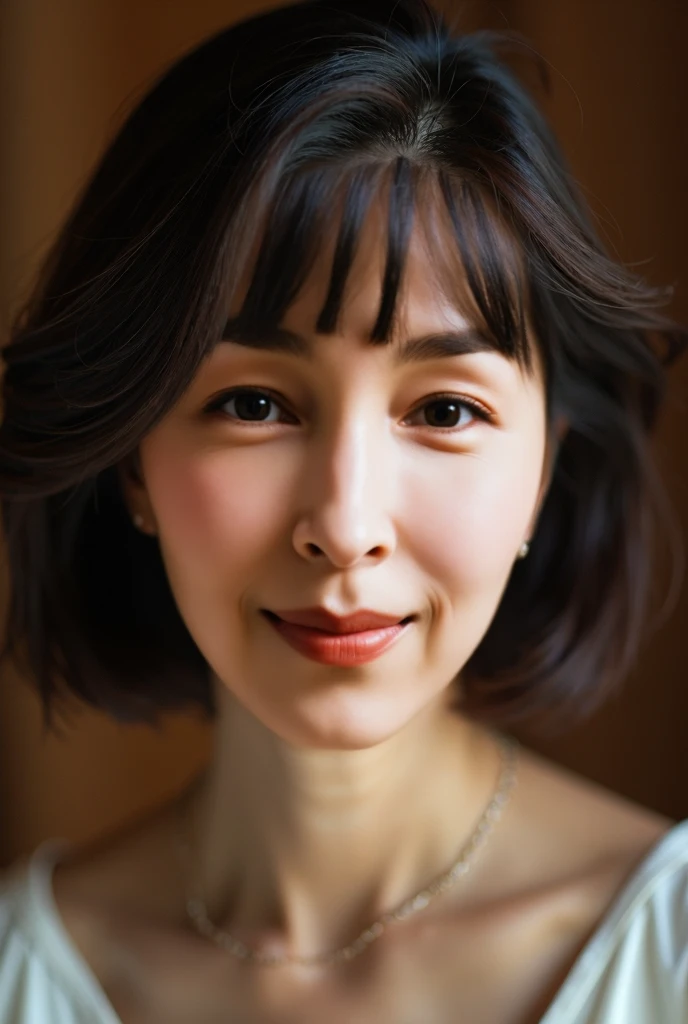 Japanese mature woman, in her fifties, glossy brunette hair, bob cut, slim, small breasts, incredibly beautiful, perfect make-up, seductive smile, close-up of face, wrinkles and sagging of face and body as she ages, detailed, high-definition real photo,