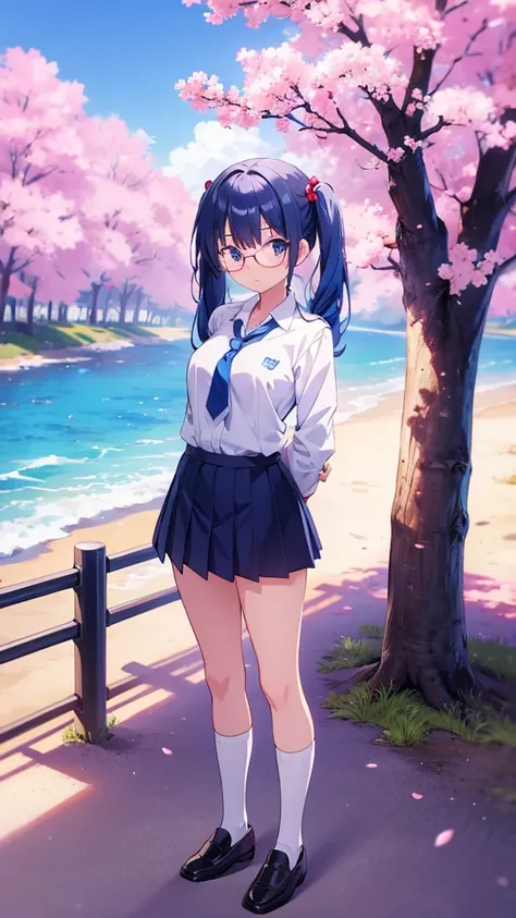 Anime girl standing with her arms folded behind her back　Twin tails　Glasses　White crew socks　Black Loafers　Blazer uniform　tie　Blue Hair　Cherry blossom trees　beach　sea