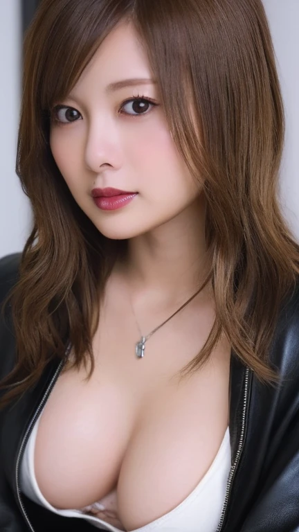 Tabletop、Close-up shot of face、(8k、RAW Photos、Best Quality、masterpiece: 1.2)、Gothic Makeup:1.4、Beautiful big brown eyes、Glowing White Skin、A very pretty and beautiful young woman、whole body、((Big Breasts:1.2))、sexy leather jacket、Luxury Accessories、Blurred...