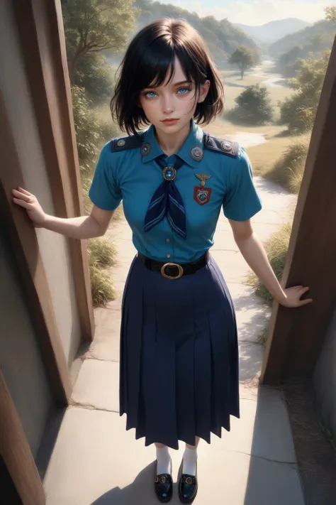 pretty young woman, smiling and standing  at park, she has black short hair, wearing turquoise short sleeves collared shirt, indigo-blue scout-kerchief, red shoulder boards, dark teal-blue pleated pencil long skirt, black belt with gold circle buckle, whit...