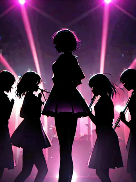 ((masterpiece:1.3)), (best quality), ((extremely detailed:1.1)), Silhouette Art, Jet black silhouette, 5 girls, there are five girls in school uniforms playing music together, Silhouette, Mid-range view, Girls rock band illustration, Rock band On pink Back...