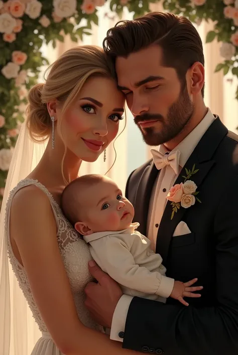 ((best quality)), ((masterpiece)), (detailed), perfect face. A woman with Blake Lively&#39;s features and a man with Christian Grey&#39;s features, they are at a friend&#39;s wedding with their 5 month old baby