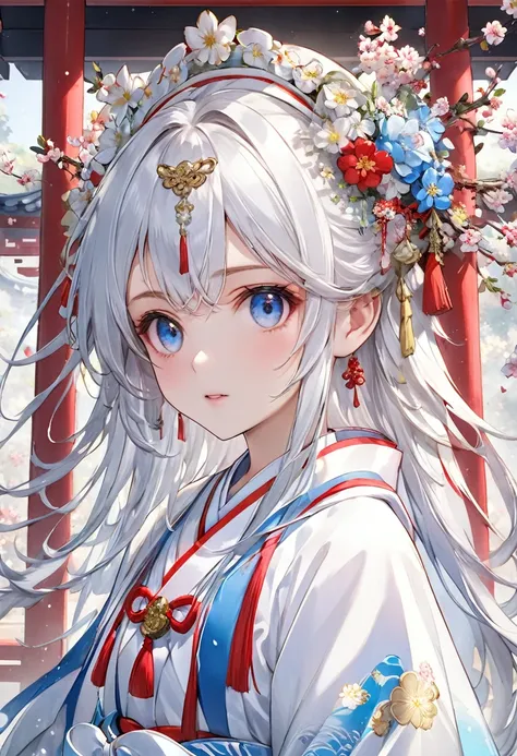 high image quality、８hair、巫女服を着た清楚なbeautiful girl、flowers bloom from the feet、１８age、half blue long silver hair、full body portrait...