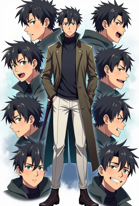 Anime setting drawing,Character Sheet,Front and back view,Expressions of joy, anger, sadness and happiness,Sword Art Online,male,A little beard,Age 25