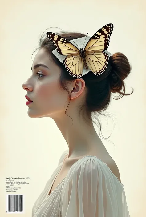 Magazine cover design：1 girl, profile，alone，Girl with butterfly and newspaper clipping on her head,，text,  barcode