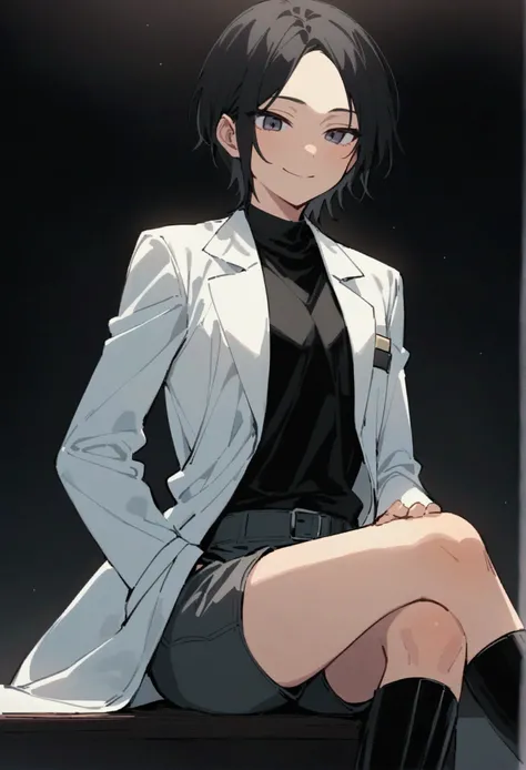 Sitting with legs crossed, The subject is、He is wearing a research lab coat over a black shirt.、He is stylishly dressed、Wearing knee-high boots.。. That person has been, Straight black hair.。. The dark background creates a dramatic and focused atmosphere., ...