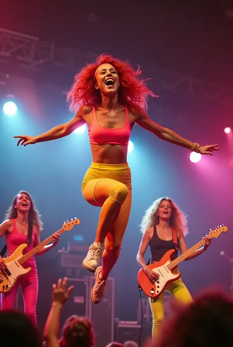 An award-winning, high-fidelity photograph capturing an all-female band of musicians in the middle of a high-energy performance. The members are dressed in vibrant, neon-colored 80s aerobic suits as their signature style. The lead singer, with striking red...