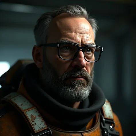 A highly detailed, ultra-realistic portrait of Gordon Freeman in his HEV suit, from Half-Life Alyx. He is a middle-aged man, with a full beard and wearing glasses, giving off a serious and focused expression. The scientist character is portrayed in a cinem...