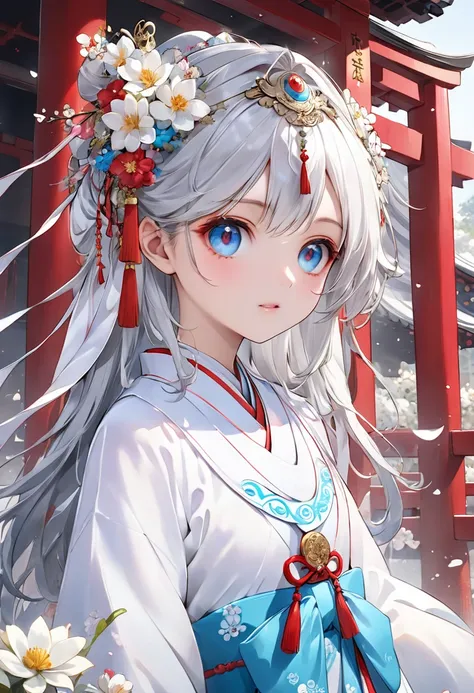 high image quality、８hair、巫女服を着た清楚なbeautiful girl、flowers bloom from the feet、１８age、half blue long silver hair、full body portrait...