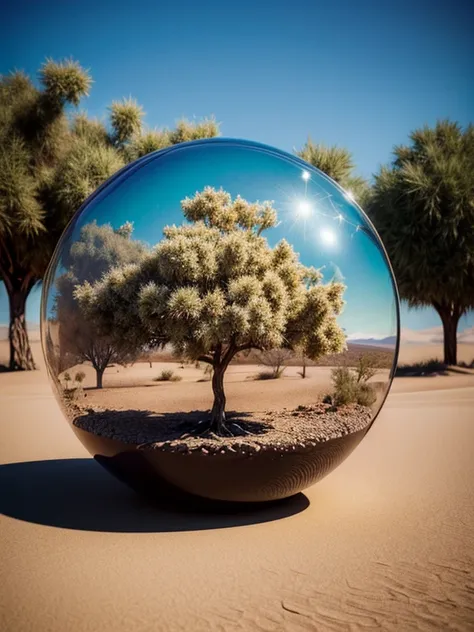 arafed image of a tree inside a glass ball on a desert landscape, tree of life inside the ball, surrealistic digital artwork, su...