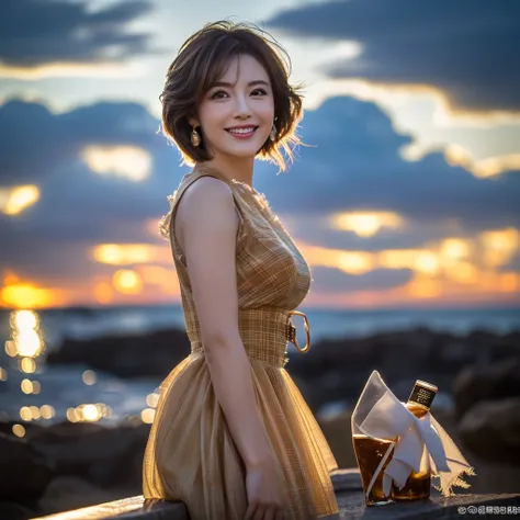 (Realistic, 超Realistic:1.4), 16K HDR, High resolution,((Whiskey Glass)),((Whiskey Bottle)),((Whiskey Glass)),Happy Smile、Short Hair,The best smile、Japanese Actress,so beautiful(It looks like the real thing),Evening Dresses,Cocktail Dresses、Whiskey Bottle、T...