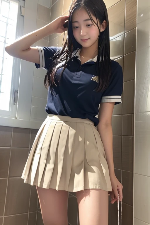 A high school girl in a pleated skirt taking a shower