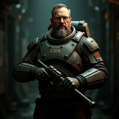 American Cartoon, A highly detailed, ultra-realistic portrait of Gordon Freeman in his HEV suit, from Half-Life Alyx. He is a middle-aged man, with a full beard and wearing glasses, giving off a serious and focused expression. The scientist character is po...