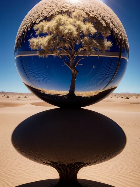 arafed image of a amelia a glass ball on a desert landscape, tree of life inside the ball, surrealistic digital artwork, surreal...