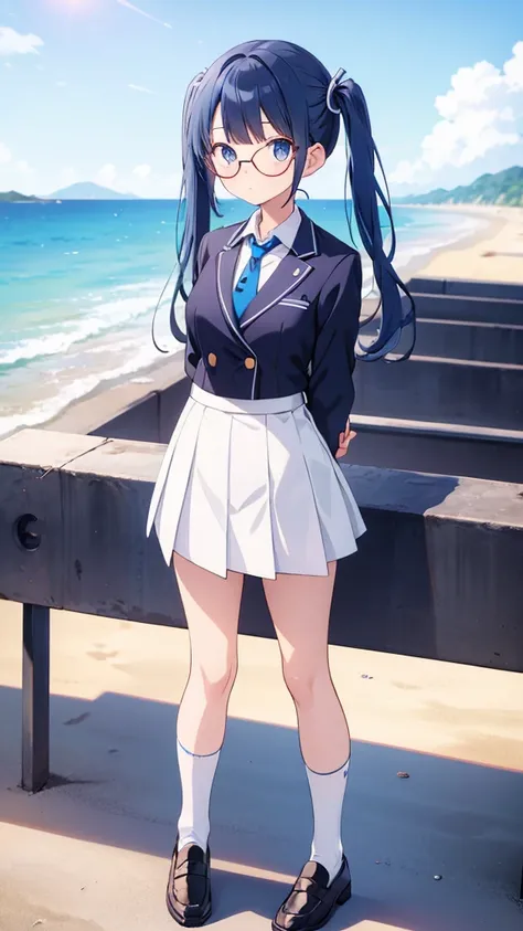 Anime girl standing with her arms folded behind her back　Twin tails　Glasses　White crew socks　Black Loafers　Blazer uniform　tie　Blue Hair　beach　sea