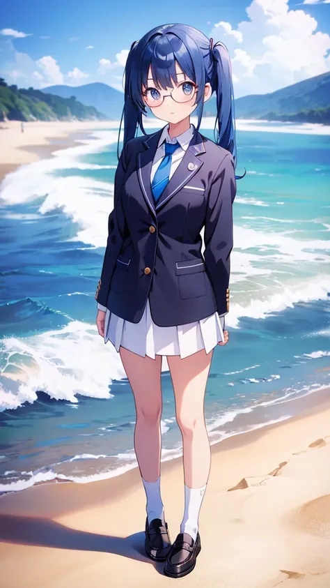 Anime girl standing with her arms folded behind her back　Twin tails　Glasses　White crew socks　Black Loafers　Blazer uniform　tie　Blue Hair　beach　sea