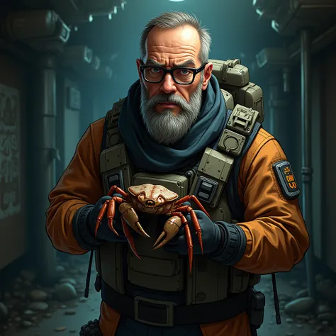 A highly detailed, American Cartoon,  of Gordon Freeman in his HEV suit, from Half-Life Alyx. He is a middle-aged man, with a full beard and wearing glasses, giving off a serious and focused expression. The scientist character is portrayed in a cinematic p...