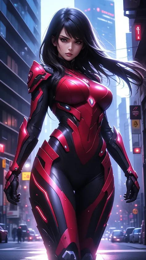 (Masterpiece,Best quality: 1.2),(Ultra-detailed face),(no head gear),Her armor bikini glows red，Neon city lights dance on mechanical surfaces. Complex cybernetics gives her motor power with inhuman speed and force. She silently strode through the lower lev...