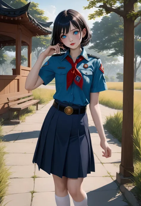 pretty young woman, smiling and standing  at park, she has black short hair, wearing turquoise short sleeves collared shirt, indigo-blue scout-kerchief, red shoulder boards, dark teal-blue pleated pencil long skirt, black belt with gold circle buckle, whit...