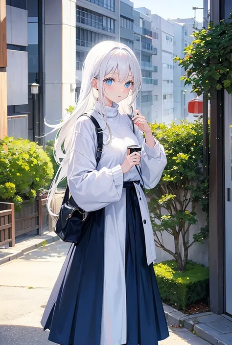 White Haired Woman , Blue Eyes , Wear a casual outfit with a sweater. , Located in a residential area in Japan