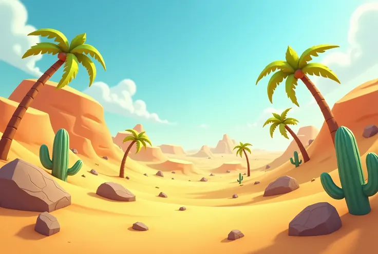 Design a toon 3D desert background with a mix of vibrant golden dunes and scattered boulders. Include palm trees and cacti in the midground, giving a playful yet clean look. The sky should be a bright, clear blue with a soft gradient at the horizon. The wh...