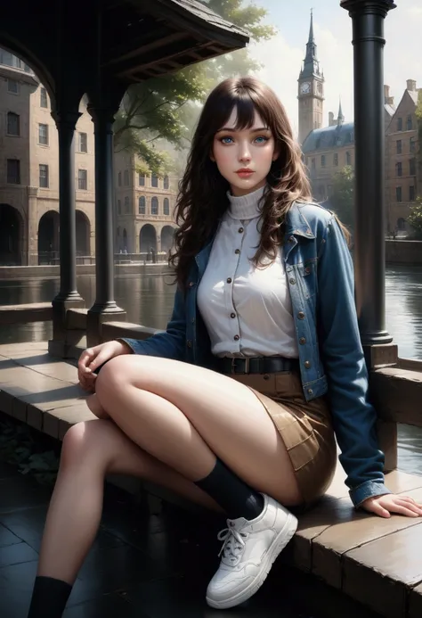 pretty young woman, sitting on railing at park, clock tower on background, she has dark brown long wavy hair, wearing blue denim long sleeves jacket, gray and white striped turtleneck shirt (+buttons down shirt), brown pencil mini skirt with black belt, ol...