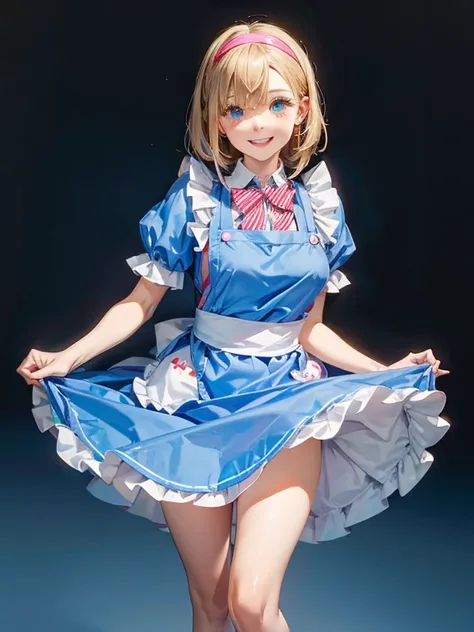 Partially edentulous perverted middle-aged man, cosplaying as Alice in Wonderland. wearing Alice in Wonderland style sweet dress and apron, Lift up skirt with your hands, Panties are slightly visible, A dull face, but happy smile. 