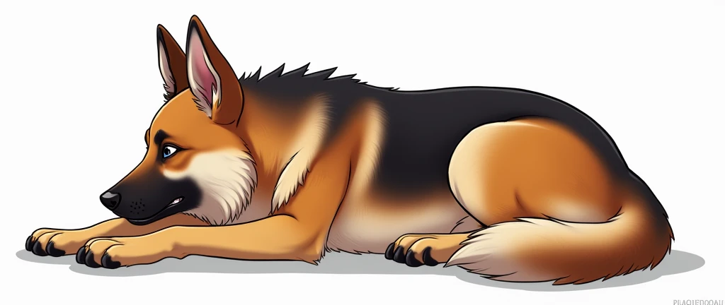 A Furry anthro german shepherd male laying down, nude, penis, flaccid penis, sideview, with the word ‘PLAGUEDOGAI’ integrated into its design. 