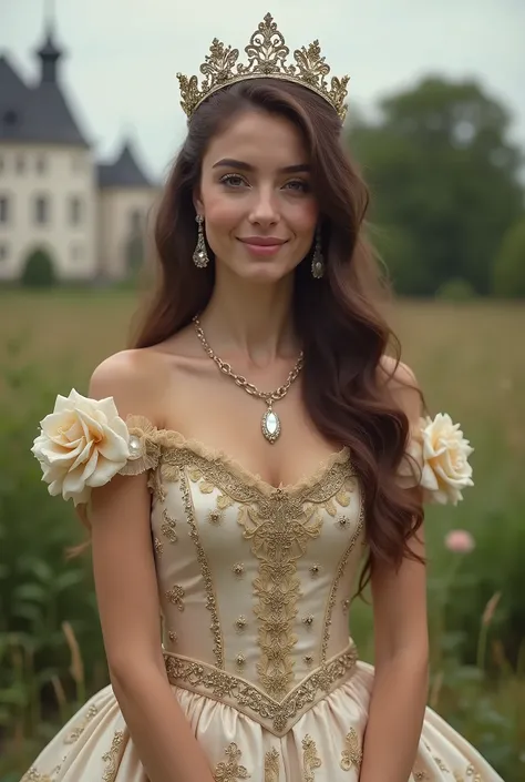 Realistic shot of a full body portrait of a young brunette German princess aged 20 with long hair, Crown, Necklace, smile. She presents herself playfully in front of the camera in a baroque princess dress...,glamour fotoshooting, beautiful female hourglass...