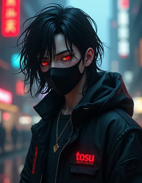 A realistic  handsome boy with long and aesthetic hair ultra 4k in )  red eyes with cool black Mask it is written in his jacket "tosu silent reelar" and,Background in cyber Pankh,