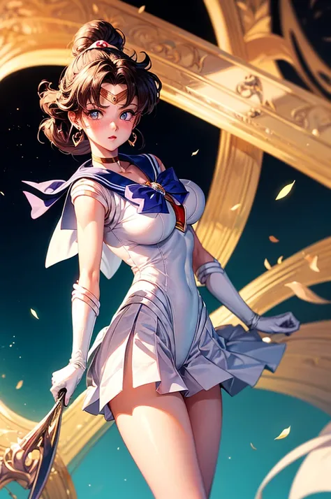 A beautiful girl in a short skirt and a bow, anime girl, (20 years old girl:1.3), (super sailor moon costume:1.3), white leotard, blue sailor collar, sleeveless, heart brooch, miniskirt, skirt lifting, white gloves, big round breasts, detailed face, dark b...