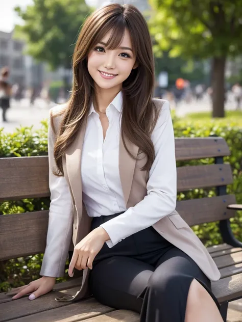 Tabletop, Best Quality, Realistic, Very detailed, finely, High resolution, 8K wallpaper, 1. Beautiful woman,, Light brown messy hair, Wearing a business suit, Short Harp Focus, Perfect dynamic composition, finelyて美しい目, Thin Hair, Detailed and Realistic ski...