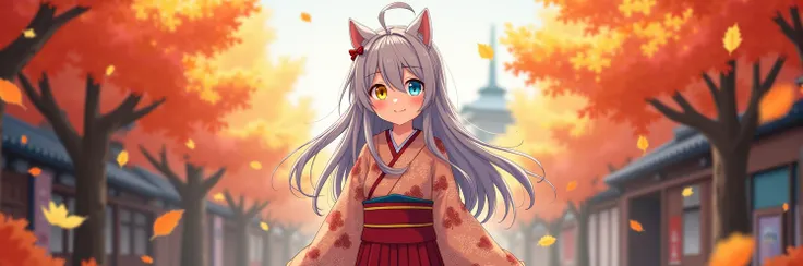 One girl, Long Hair, Cat ears, Gray Hair，Odd Eye，Right eye yellow，Left eye blue，anime, yukata，Autumn leaves in Kyoto，smile，Best Quality, Wide-angle shot, 