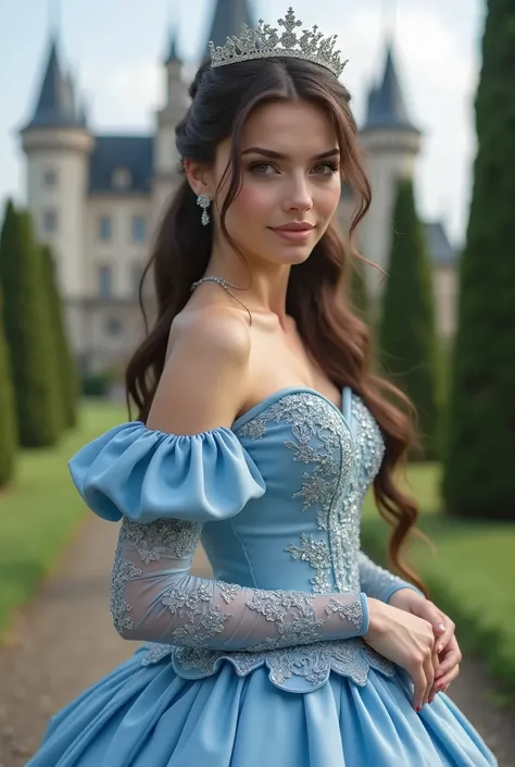 Realistic shot of a full body portrait of a young brunette German princess aged 20 with ponytail, Crown, Necklace, smile. She presents herself playfully in front of the camera in a blue baroque princess dress...,glamour fotoshooting, beautiful female hourg...