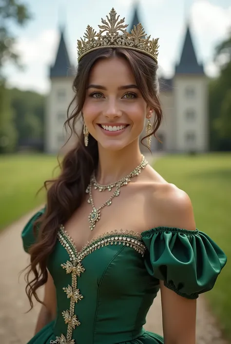 Realistic shot of a full body portrait of a young brunette German princess aged 20 with ponytail, Crown, Necklace, smile. She presents herself playfully in front of the camera in a green baroque princess dress...,glamour fotoshooting, beautiful female hour...