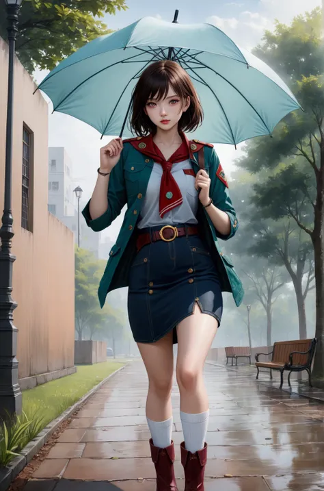 pretty asian young woman, holding an umbrella on rainy day, at park, she has dark brown medium hair, wearing mint-blue denim 3/4 sleeves jacket, red scout-kerchief, red shoulder boards, burgandy-red undershirt,  dark teal-green denim cargo pencil skirt wit...